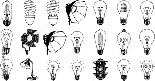 Hand-drawn Lighting Icons: Sketch Collection of Diverse Light Bulbs, Lamps,  Traffic Light for Energy, Innovation  Idea Concepts - Black  White Line Art.