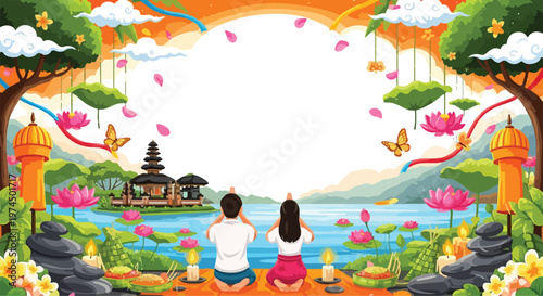 Balinese couple performing prayer facing tanah lot temple during sunset with tropical lotus pond and palm trees border frame.