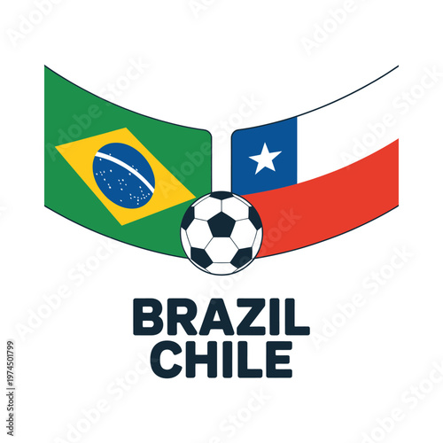 Brazil and chile flags with a soccer ball representing competition