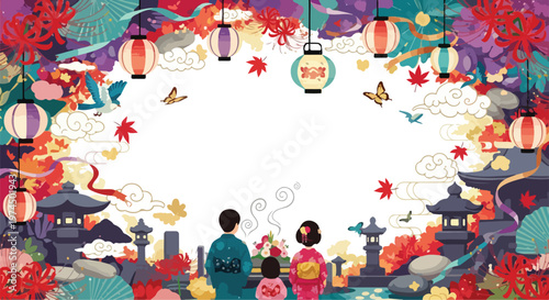 Japanese family wearing traditional kimono and yukata looking at autumn maple leaves with stone lanterns landscape border frame.