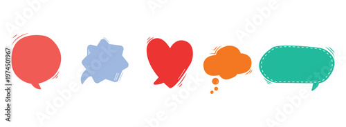 colorful hand-drawn speech bubbles and comic thought clouds icons isolated on white background