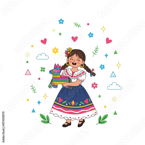 Cute mexican girl holding colorful donkey pinata for traditional birthday party and cultural celebration.
