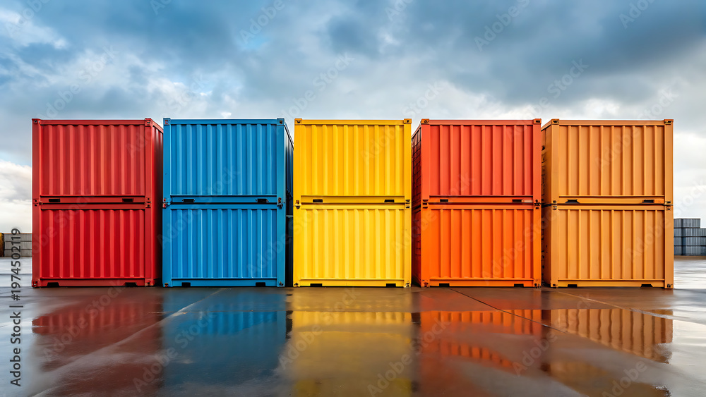 Fototapeta premium Row of brightly colored shipping containers on reflective wet surface under cloudy sky