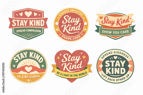 Positive kindness and empathy badges promoting compassion and love, showing caring messages and motivational quotes