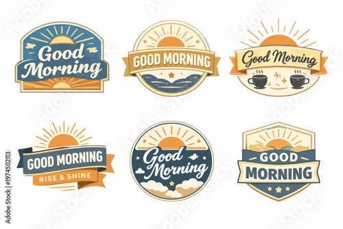 Vintage good morning badge collection with sunrise, coffee cup and clouds, celebrating new day greeting