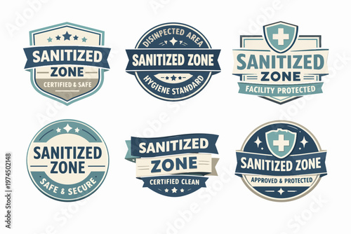 Sanitized zone labels collection, ensuring safety, hygiene, and cleanliness standards in public and private spaces
