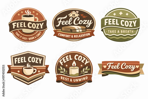 Feel cozy concept labels and badges set for hygge lifestyle themes, comfort, relaxation, and wellness branding