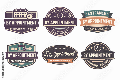 Appointment labels collection, featuring reservation required, advance booking, scheduled visit only, and pre-arranged access concepts