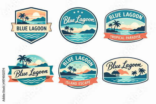 Blue lagoon tropical paradise labels and badges set with island escape, beach, palm trees, ocean water, and sunset designs