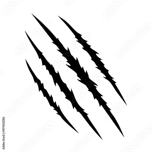 Claw marks. Five diagonal black tears on a white background, imitating deep scratches from a beast's paw. Vector illustration in a minimalist, aggressive style.