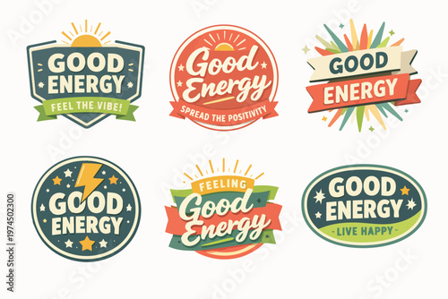 Good energy concept badges for positivity, motivation, and inspiration, promoting happiness and a positive vibe