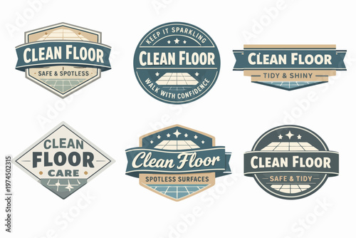 Set of retro-style badges for floor cleaning, displaying spotless surfaces, tidiness, and sparkling results