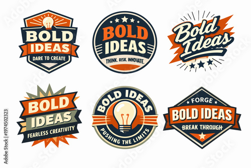 Bold ideas creativity concepts with light bulb and typography design set, inspirational badge collection for innovation and breakthroughs