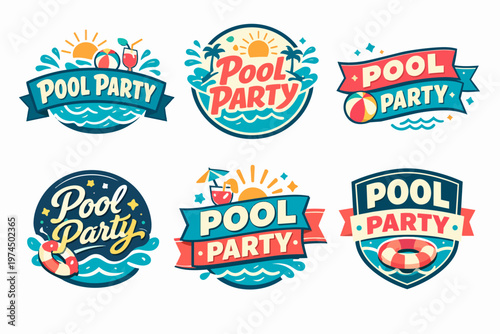 Collection of pool party badges and labels, illustrating summer holidays with swimming, sun, and refreshing drinks