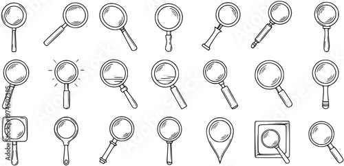 Black and White Hand-Drawn Line Art Magnifying Glass Icons Set. Doodle Magnifiers for Search, Investigation, Science, and Discovery Concepts.