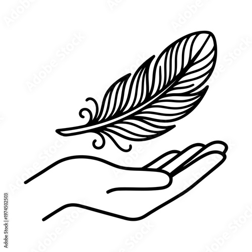 Black outline of a single feather floating over an open palm of a hand, isolated on a white background. Vector illustration.