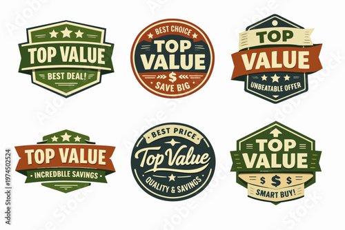 Collection of top value badges featuring best choice, special offer, unbelievable deal, incredible savings, smart buy