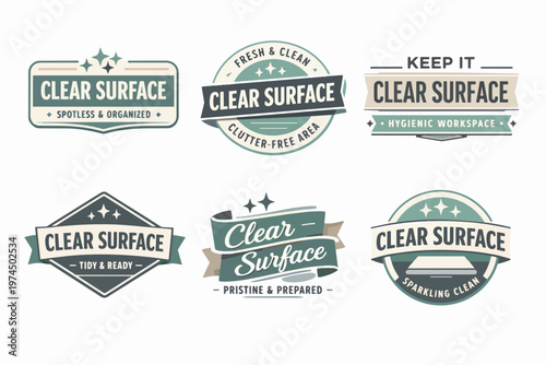 Clear surface badges set illustrating cleanliness, hygiene, organization, and a tidy workspace