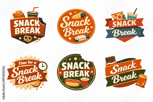 Retro snack break logos collection featuring vintage badges with fast food icons and colorful graphic design elements