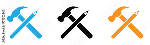  hammer and pencil crossed. Pencil and hammer icon set representing construction design architecture repair work tools for diy projects building maintenance and creative drafting.