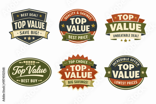 Top value badge collection offering best deals, quality, savings, and discounts for shopping promotions