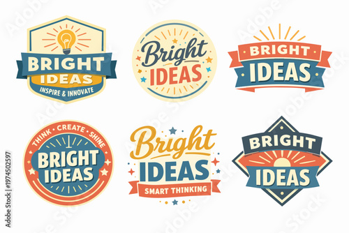 Collection of bright ideas badges with light bulbs and retro inspiring text, promoting innovation and smart thinking
