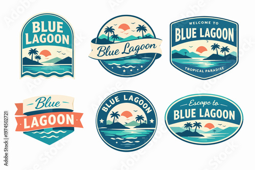 Set of blue lagoon tropical island travel emblems featuring palm trees, ocean, mountains, and sunset for summer holidays