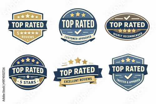 Top rated labels collection representing reviews, customer approval, excellent ratings, trust, and recommendation