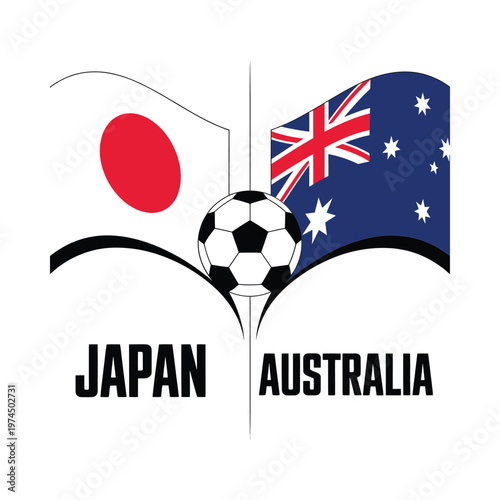 A graphic depicting the flags of Japan and Australia with a soccer ball