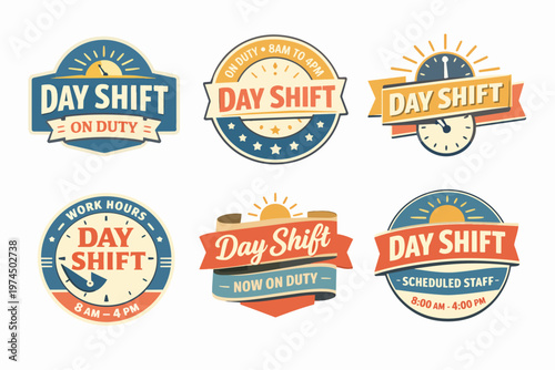 Day shift work schedule emblem set presenting employee duty hours, time management, and job responsibilities