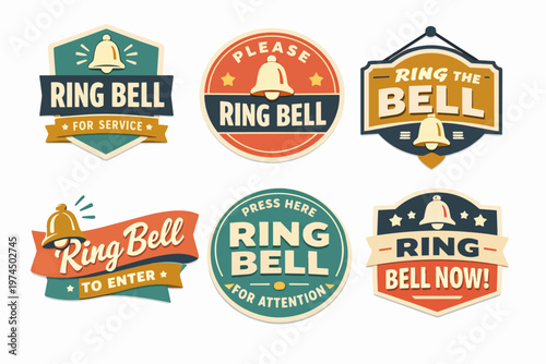 Collection of retro 'ring bell' signs, vintage service badges, alert labels, and attention design elements