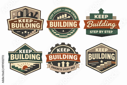 Emblems promoting progress and development, keep building success badges with charts, arrows, and cityscapes