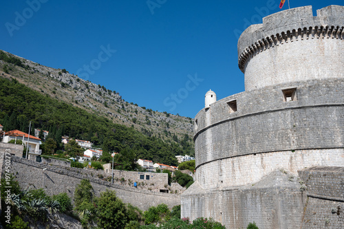 Stone tower. Stone fortress at the foot of the mountain. Old town. Dubrvnik, Croatia. 