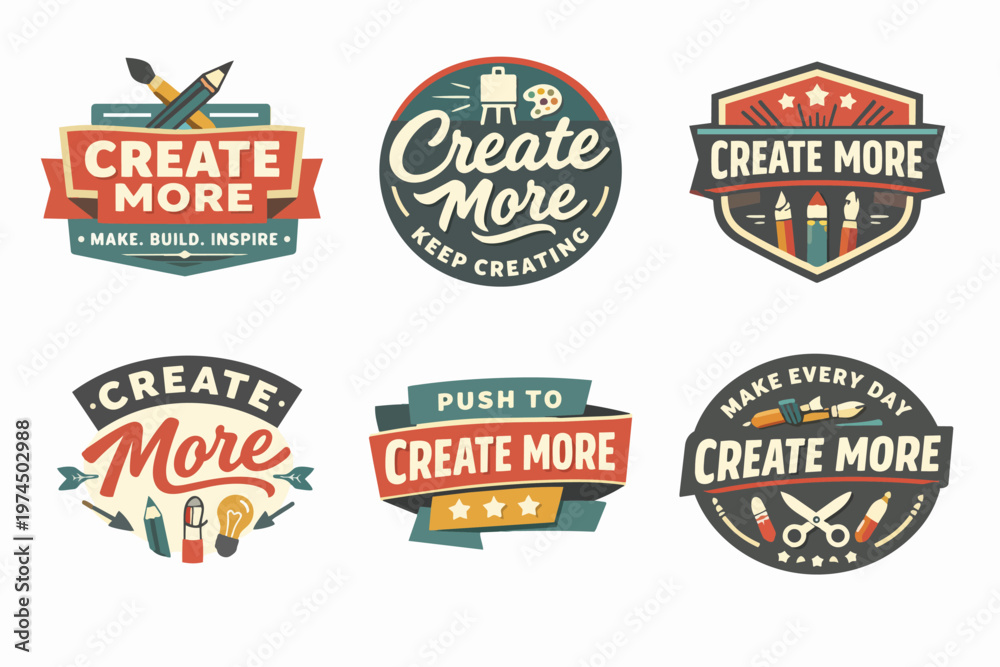 Fototapeta premium Creating more: set of vintage labels for art, design, and drawing inspirations with creative tools