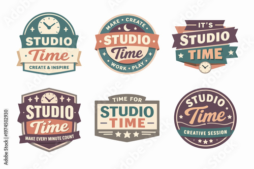 Vintage style studio time badges, featuring clocks and stars, representing creativity, work, play, and making every minute count