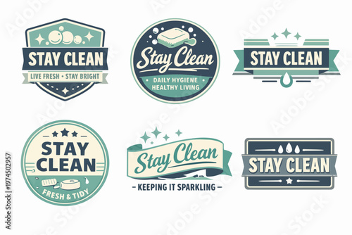 Set of vintage hygiene and cleanliness badges and labels promoting healthy lifestyle and tidiness concept