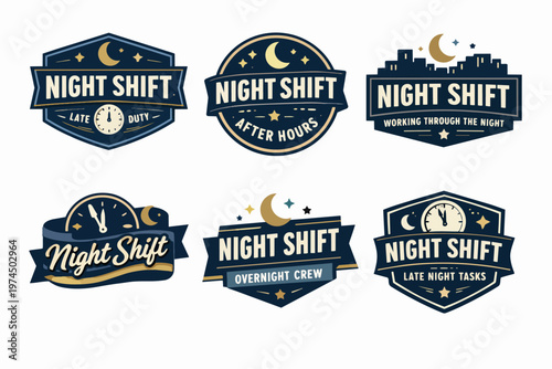 Night shift badges and labels featuring clocks, working through the night concepts, late duty, and after-hours work