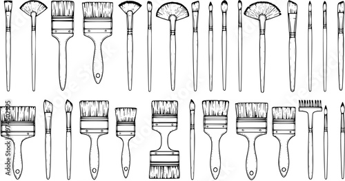 Black and White Line Art Set of Art and Craft Paint Brushes. Hand Drawn Outline Collection of Various Artist Painting Tools and Supplies.
