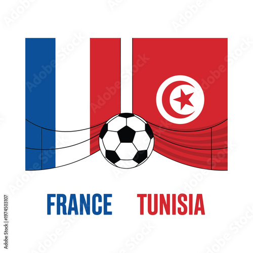 France and Tunisia flags with a soccer ball representing competition