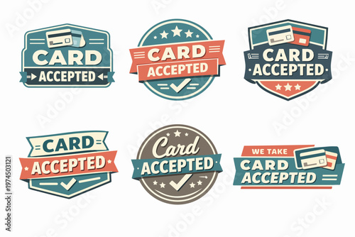 Card accepted badge collection in retro style featuring vintage labels for modern e-commerce and payment methods