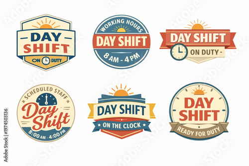 Set of day shift badges and emblems featuring sun, clock, and text for employee schedule and working hours concept
