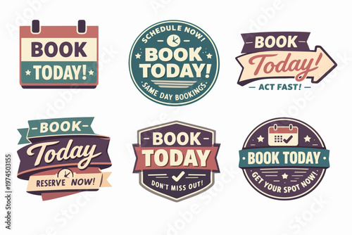 Vintage book today badges and labels design collection, promoting scheduling appointments and making online reservations quickly