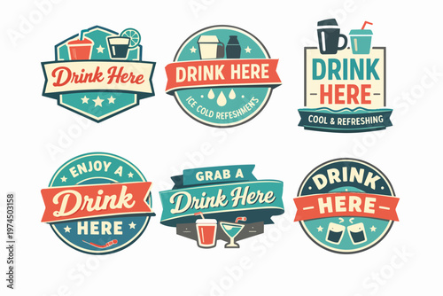 Retro drink here badges featuring old-fashioned beverage labels, vintage bar signs, and refreshment logos design collection