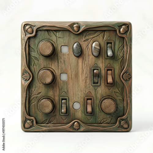 Unique and Artistic Wooden Light Switch Panel with Decorative Design.