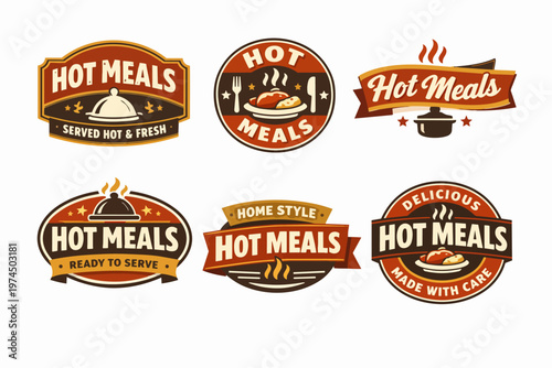 Hot meals logos with serving dishes, casseroles, and cutlery, creating vintage diner or catering badges and labels set