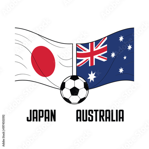 Japan and Australia flags with a soccer ball representing competition