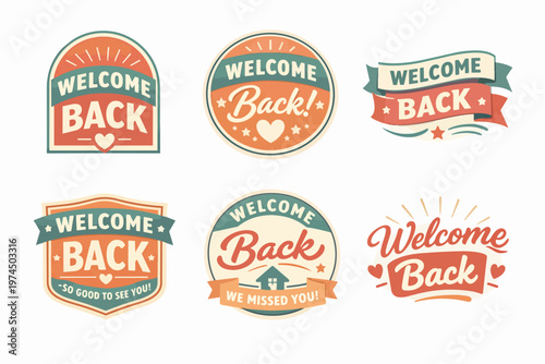 Welcome back labels promoting reunion and greeting messages with retro vintage style badges, stickers, and banners