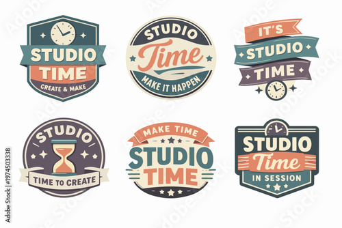 Collection of studio time badges expressing creativity, design, production, and collaboration with vintage style elements