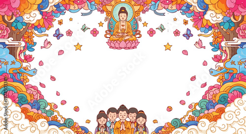 Illustration of lord buddha sitting on lotus throne with disciples praying together in colorful divine floral border frame.