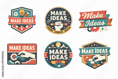 Creative process making ideas badges collection, developing new projects concepts, innovative solutions branding